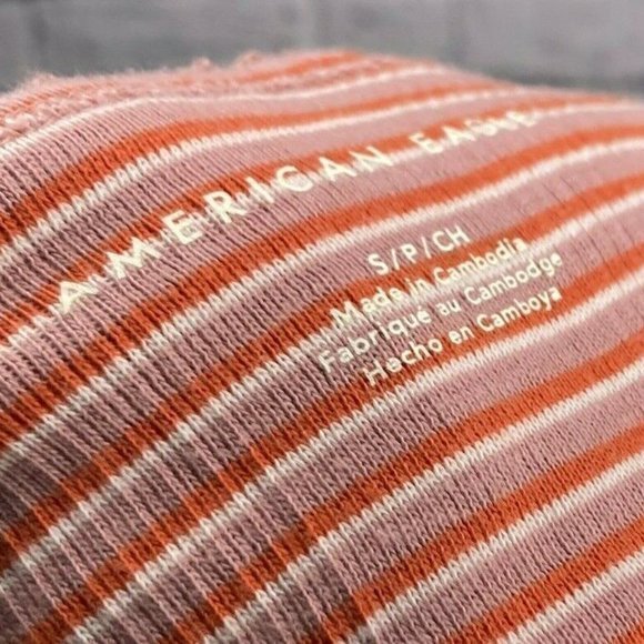American Eagle Small S Orange Striped‎ 100% Cotton Rib Knit Halter Tie Back Top - Picture 3 of 4